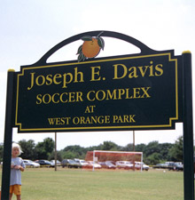 Joseph E. Davis Soccer Complex / West Orange Park entrance sign. No dog area visible.